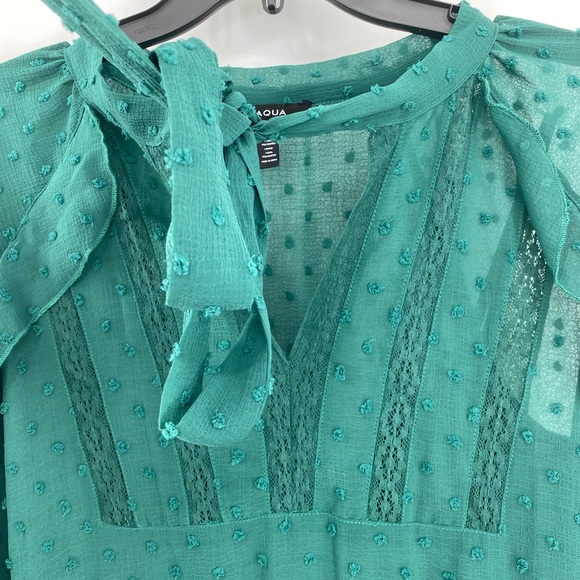 Aqua NWT Ruffle Clip Dot Mini Dress Pussy Bow Bishop Sleeves V Neck Green New - Picture 2 of 10